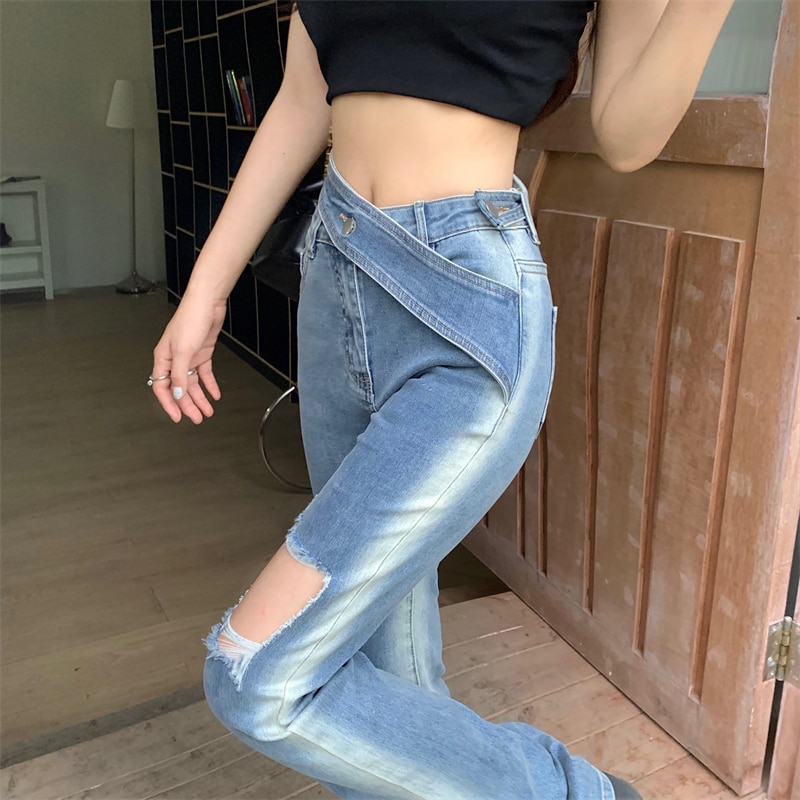 Street Style Ripped Irregular Fashion Casual Jeans Women 2022 Summer New High Waist Sexy Slim Gradient Wide Leg Pant